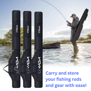 Three black fishing rod cases with measurement labels on a background of a person fishing.