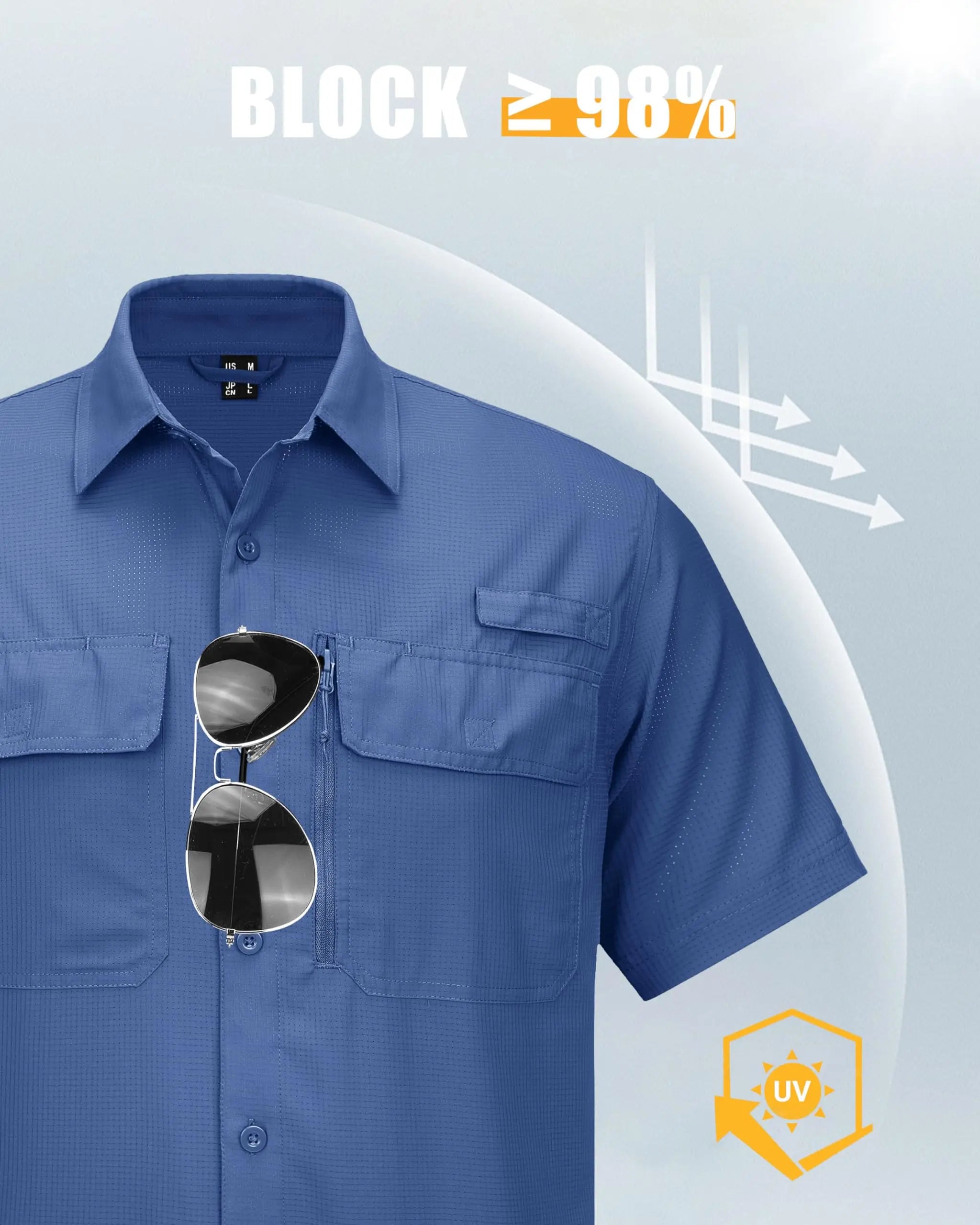 Blue UPF 50 + fishing shirt with chest pockets and rod holder loop.