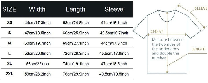 Size chart for the Rodfather Fishing T-shirt showing measurements in centimetres and inches.