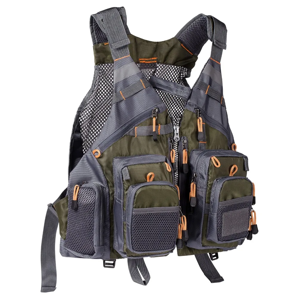 Green and grey fishing vest with multiple zip pockets and features. 