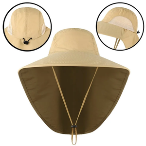 Beige hat with that offers excellent UV protection from the sun. It has a flap on the back that covers your neck and a chin strap. 