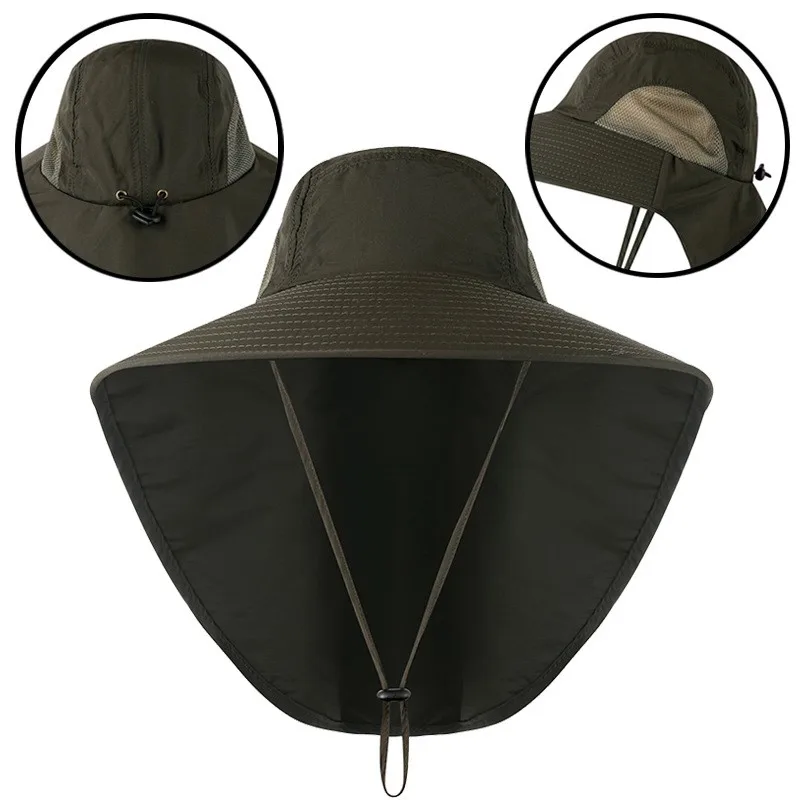 Dark green UPF 50+ sun protection hat with a wide brim, flap back and a chin strap.