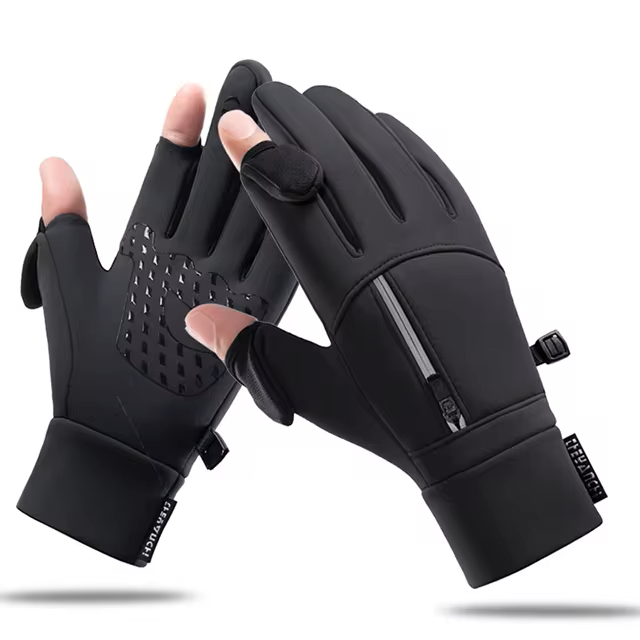 Men's black waterproof gloves with flip top fingers. The gloves also have a zip pocket.