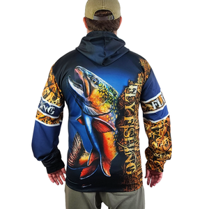The fly fishing hoodie being modelled showing the colourful rainbow trout on the back of the garment.