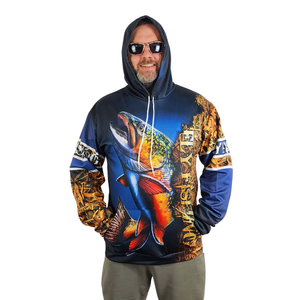 Man wearing a hoodie with a colourful rainbow trout design.