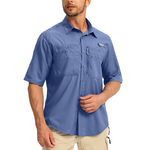 Man wearing a dark blue short sleeve button up fishing shirt with multiple pockets.