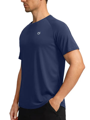 Navy blue sports t-shirt being worn by athletic male model.