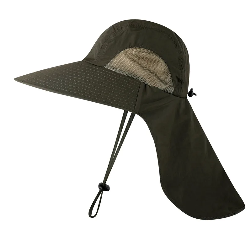 Dark green fishing hat with a flap on the back that coverers the neck protecting it from the sun.