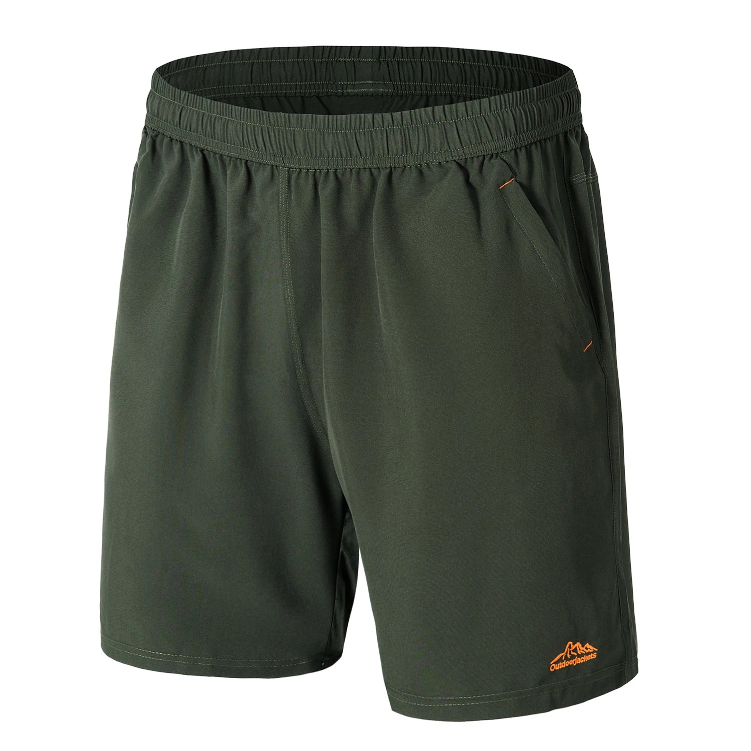 Green sport shorts with a orange logo on a white background.