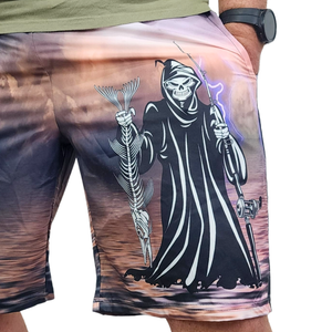Grim Reaper holding a fish and fishing rod printed onto a pair of men's boardshorts.