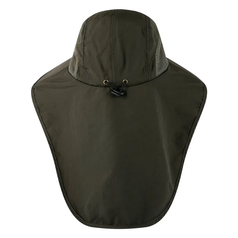 Green hat with a sun protective flap on the back that covers the neck. The hat also has an adjustable size toggle. 