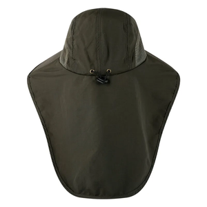 Green hat with a sun protective flap on the back that covers the neck. The hat also has an adjustable size toggle. 