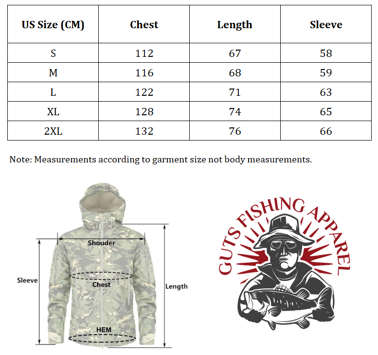 Size guide along with measurements for a men's waterproof jacket.