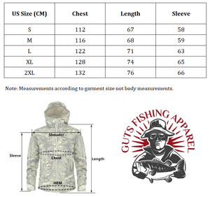 Size guide along with measurements for a men's waterproof jacket.