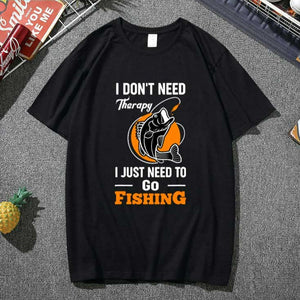 Men's black fishing t-shirt that says I don't need therapy I just need to go fishing with a fish biting a fishing lure.