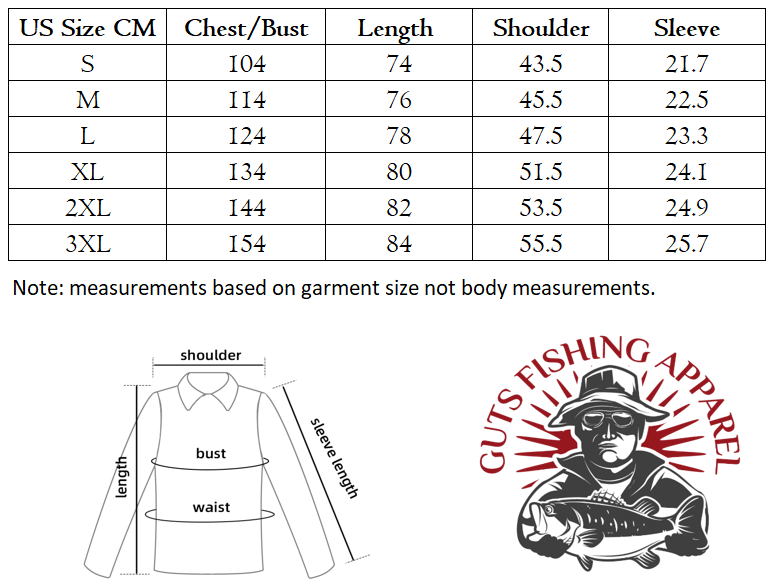 Size chart for clothing with measurements and Guts Fishing Apparel logo.