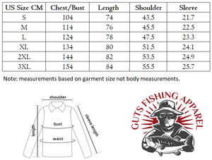 Size chart for clothing with measurements and Guts Fishing Apparel logo.