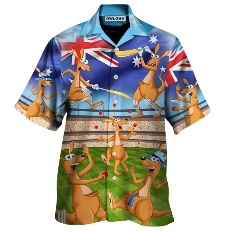 Colourful cricket supporters shirt with kangaroo design and Australian flag on a white background.