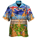 Colourful cricket supporters shirt with kangaroo design and Australian flag on a white background.