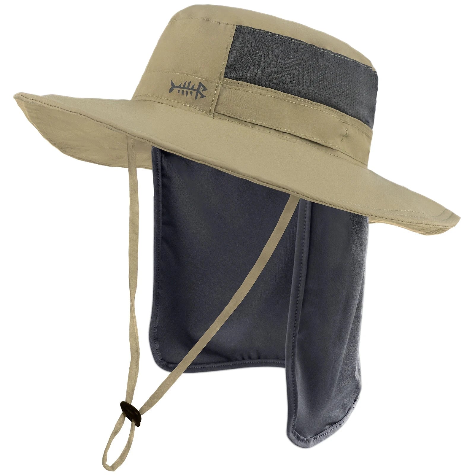 Beige wide-brimmed hat with black neck flap on a white background.