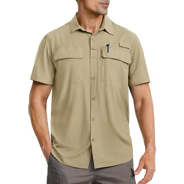 Quick drying khaki shirt made for fishing, hiking and work. 