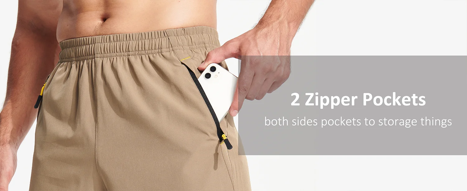 Man wearing Beige shorts with two zipper pockets on a grey background.