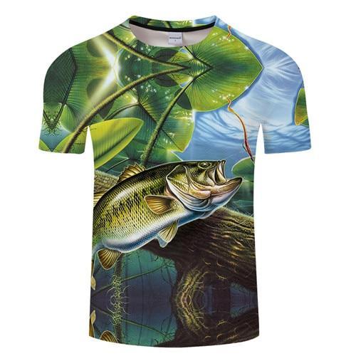Kids t-shirt featuring a bass fish swimming in a fresh water lake about to bite a worm on a hook. 
