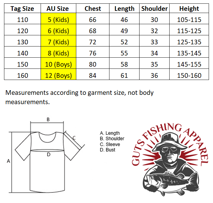Kids fishing t-shirt size chart showing measurements with the Guts Fishing Apparel logo.