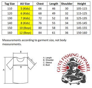 Kids fishing t-shirt size chart showing measurements with the Guts Fishing Apparel logo.