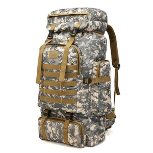 Waterproof large camouflage backpack suitable for hiking and camping.