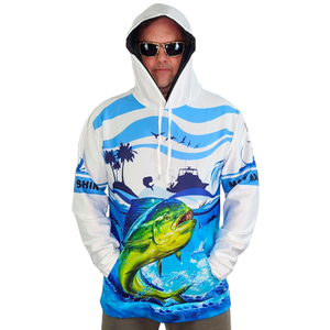 Male model wearing the Mahi Mahi fishing hoodie and sunglasses. 