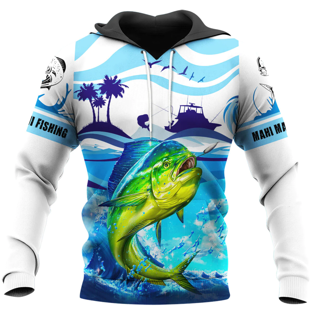 Mahi mahi fish jumping out of the water printed onto a fishing hoodie. The hoodie is white, blue and green with a palm tree and boat in the background.