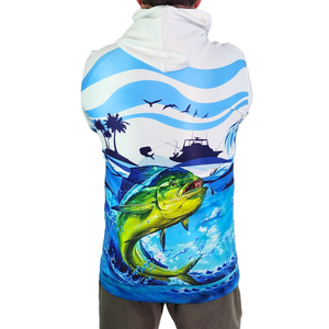 Back profile of the Mahi mahi fishing hoodie. Tropical fish, boat, water, palm tree and island design.