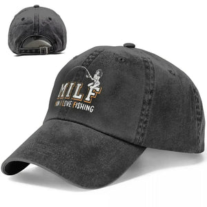 Side and back profile of the MILF fishing cap. Dark grey with adjustable buckle.