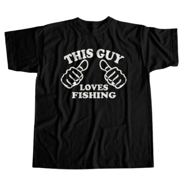 Black cotton t-shirt that says This Guy Loves Fishing. In stock and available to buy at Guts Fishing Apparel.