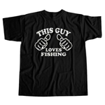 Black cotton t-shirt that says This Guy Loves Fishing. In stock and available to buy at Guts Fishing Apparel.