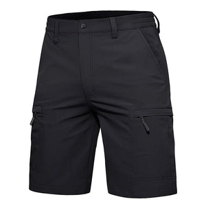 Black water resistant shorts with zip pockets.