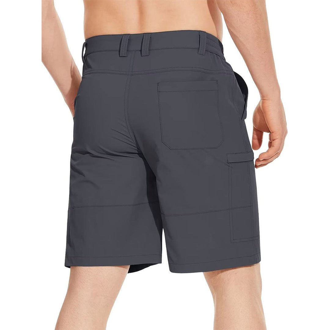 male model wearing a pair of dark grey shorts that have a back pocket and belt loops. 