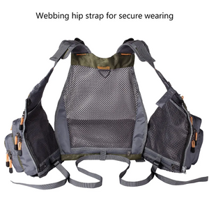 Inside look of a fishing vest showing the large capacity pockets, waist straps and breathable  mesh backing.