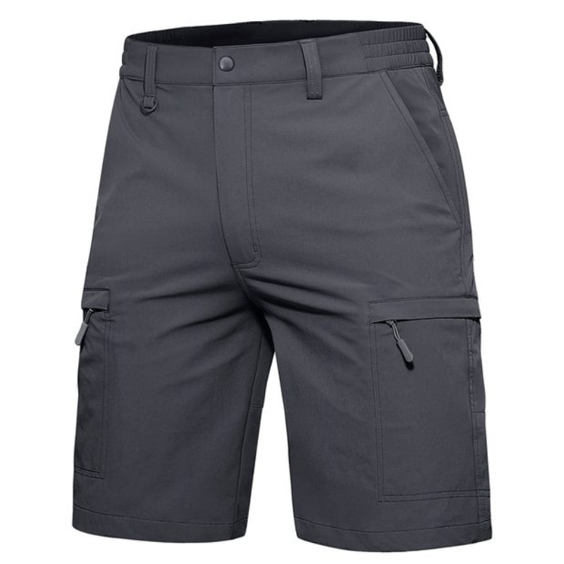 Men's dark grey shorts with zip cargo pockets. The shorts have a zip fly and belt loops. 
