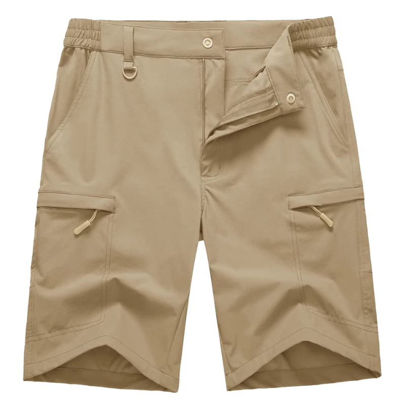 Men's khaki shorts. Made from quick drying and water repellent. Two zip cargo pockets.