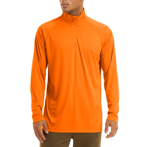 Male model wearing a bright orange long sleeve sports polo shirt. 