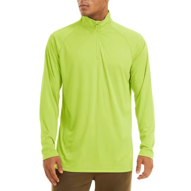 Men's bright florescent green shirt. The shirt has long sleeves and a zip up collar. The material is rated UPF 50+.