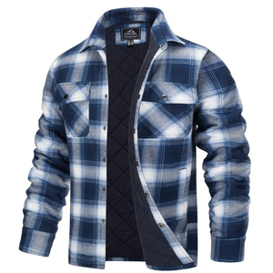 Plaid flannel jacket. Blue and white check button up winter jacket.