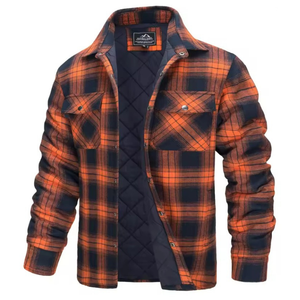 Plaid shirt with orange and navy pattern on a white background.