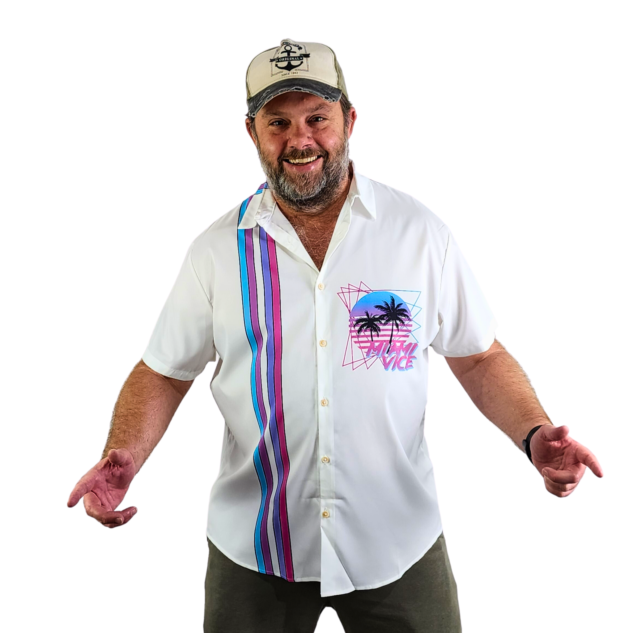 Male model wearing the Miami Vice Hawaiian shirt. The model has a beard and is also wearing a hat from Guts Fishing Apparel.