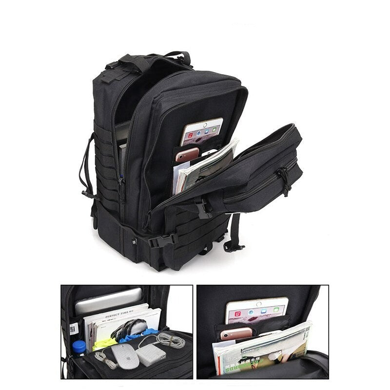 Black tactical backpack with lots of zip pockets.