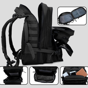 Black MOLLE backpack.