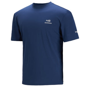 Men's navy fishing t-shirt with white Bassdash logo.