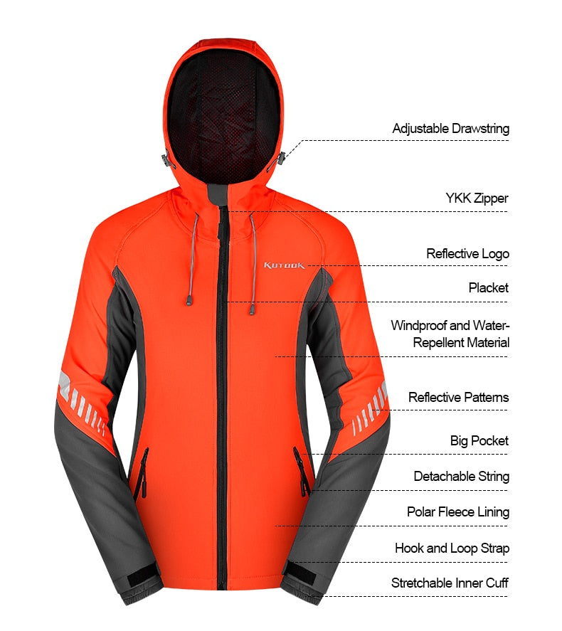Diagram pointing to all the features and benefits of a women's outdoor sports jacket with hood.